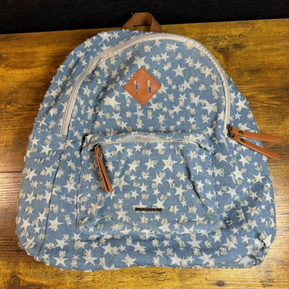 Rampage Star Print Distressed Blue Denim Faux Leather Trim Backpack‎ OS